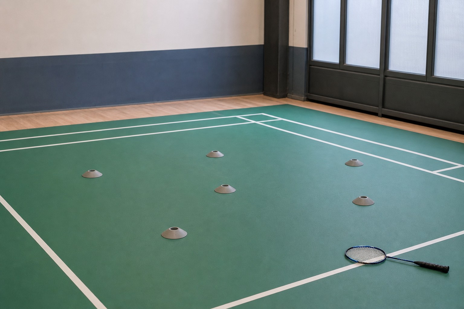 Zes vloerhoedjes liggen verspreid op een badmintonveld voor een voetenwerkoefening