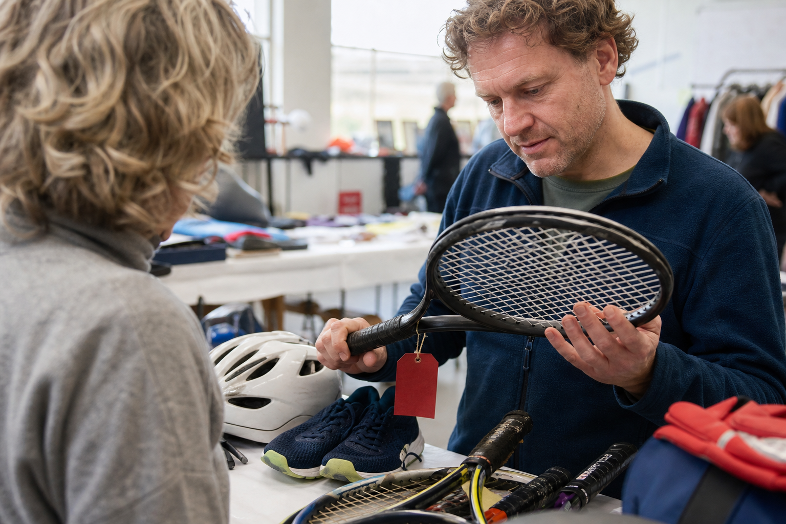 Koper controleert het frame en de bespanning van een gebruikt racket